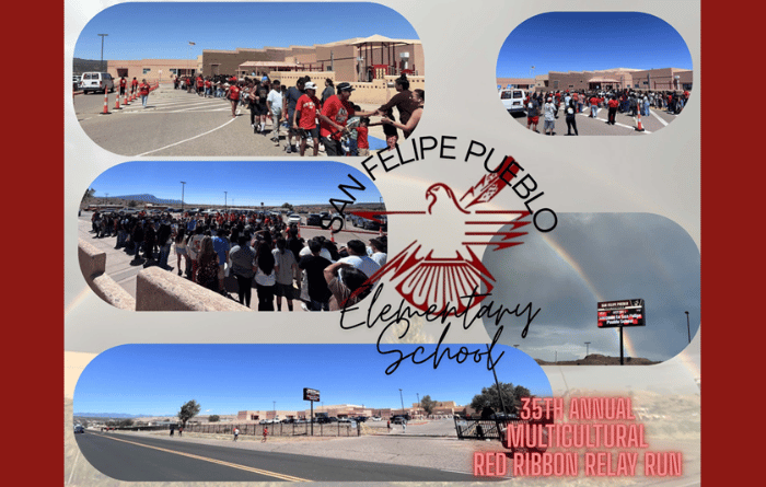 Collage of San Felipe Pueblo Elementary students and community members supporting the Multicultural Red Ribbon Relay Run.