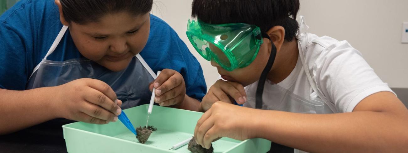 Two students in lab coats and goggles collaborate on a science project, showcasing curiosity and teamwork in a laboratory setting.