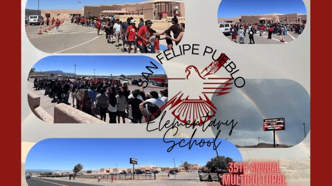 Collage of San Felipe Pueblo Elementary students and community members supporting the Multicultural Red Ribbon Relay Run.